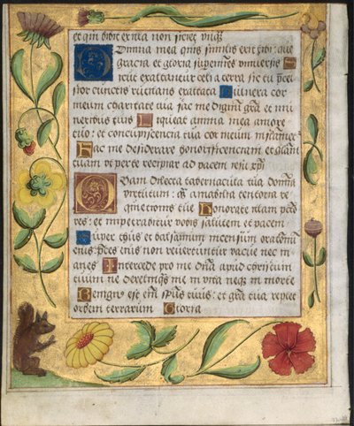 Lehti psalterista ja rukouskirjasta: Koristereunus kukilla ja orava verso, n. 1524. tekijältä Unbekannt