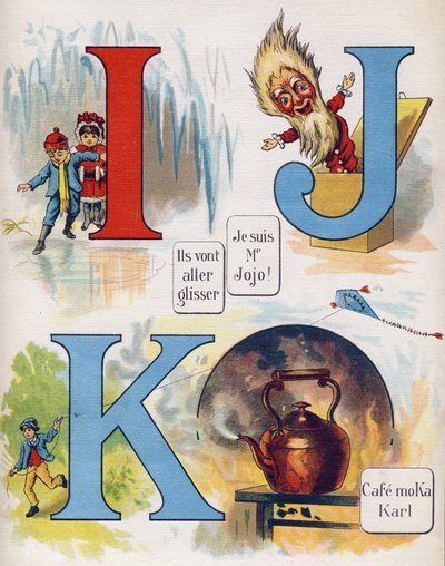 Kirje I, J ja K: He aikovat liukua, olen herra Jojo ja kahvila Moka Karl. Kaiverrus "ABC L