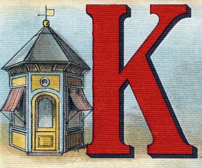 Kirjain K: kioski. Kaiverrus "Alphabet de ma petite fille". Bernardin-Bechet ja Fils, kirjakauppias-kustantajat, Pariisi, noin 1895. Rikkoutumaton albumi kankaalle. Bibliotheque des Bebes. 12 sivua. Albumi, joka sisältää lukumenetelmän ja havainnollisen ab tekijältä Unbekannt