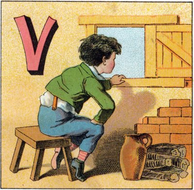 V-kirjain vasistana. Utelias lapsi katsomassa ulos ikkunasta. Kaiverrus "Alphabet des petits ecoliers". Epinalin kuva, noin 1885. Privee Collection tekijältä Unbekannt