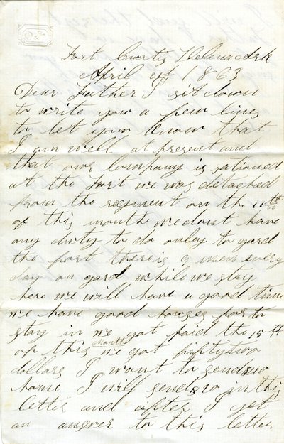 Allekirjoitettu kirje David T. Massey, Fort Curtis, Helena, Ark., isälleen (Nathan Massey), 21. huhtikuuta 1863. tekijältä Unbekannt
