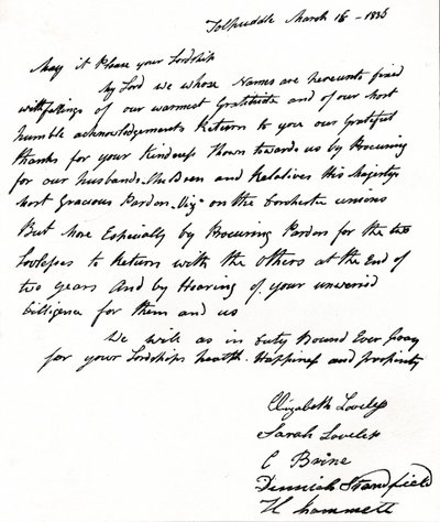 Tolpuddle-marttyyrien vaimojen kirjoittama kirje sisäministeri John Russellille 1792-1878, tekijältä Unbekannt