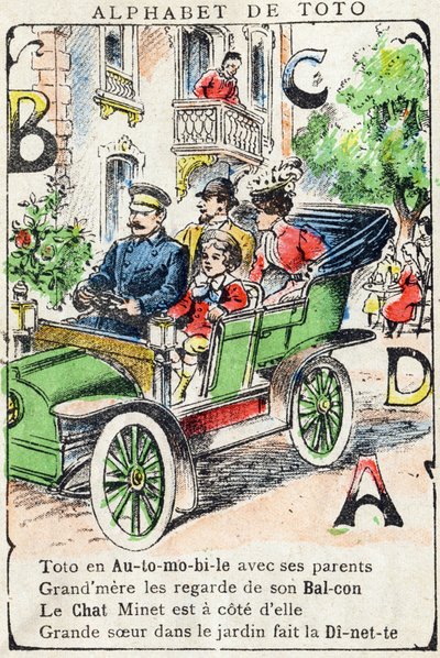 Kirjaimet A B C D Auton Parveke Kissan ruokapöytä. Kaiverrus "Alphabet de Toto", 1800-luvun loppu. Pont-a-Mousson-kuvaus. Louis Vagne, painokustantaja. 12 sivua. Mainosalbumi, joka sisältää maineikkaan abeceedaryn ja yksinkertaistetun lukutavan. Himmeä: tekijältä Unbekannt