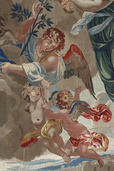 Neitsyen elämä: "Neitsyen kruunaus" (Neitsyen kruunaus) Yksityiskohta enkeleistä Pierre Damourin työpajassa tehty villa- ja silkkikudos Charles Poersonin (1609-1667) piirustuksista tekijältä Unbekannt