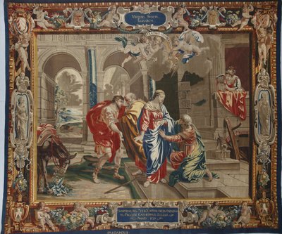 Neitsyen elämä: "Vierailu"" Marian vierailu Elisabethin, Josephin ja Zacharien luona heidän takanaan - Pierre Damourin työpajassa Charles Poersonin (1609-1667) piirustusten jälkeen tehty villa- ja silkkikuvio tekijältä Unbekannt