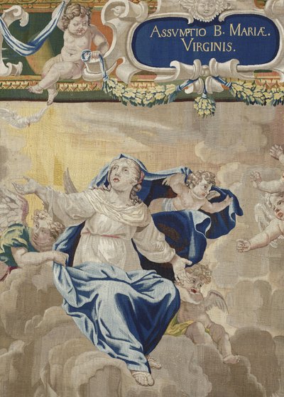 Neitsyen elämä: "" Neitsyt taivaaseenastuminen" (Neitsyt taivaaseenastuminen) Yksityiskohta Pierre Damourin työpajassa Charles Poersonin (1609-1667) piirustusten mukaan tehty villa- ja silkkikudos tekijältä Unbekannt