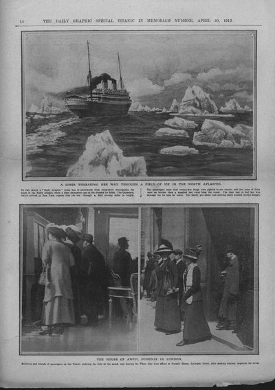Linja-auto jääkentällä ja ihmiset odottavat uutisia Titanicin katastrofista 20. huhtikuuta 1912. tekijältä Unbekannt