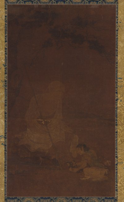 Lohan istui, hoitaja polvistumassa hänen edessään, Yuan- tai Ming-dynastia, 1279-1644. tekijältä Unbekannt
