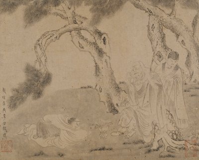 Luohan, palvelija ja palvoja mäntyjen alla, Yuan- tai Ming-dynastia, 1279-1644. tekijältä Unbekannt