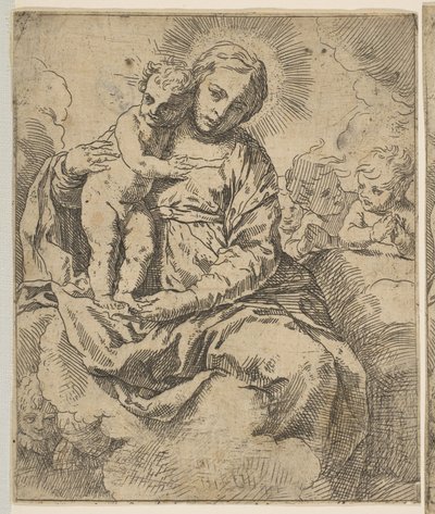 Madonna ja lapsi istuvat pilvissä ja enkelien ympäröimänä, kopio käänteisenä..., noin 1639 tai sen jälkeen. tekijältä Unbekannt