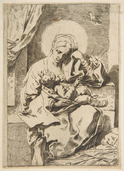 Madonna ja lapsi linnun kanssa, kopio käänteisesti Cantarinin jälkeen, n. 1635-1636 tai sen jälkeen. tekijältä Unbekannt