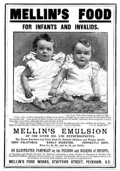 Aikakauslehtimainos kalanmaksaöljyyn perustuvasta Mellins Emulsion -ravintolisästä, c1890 tekijältä Unbekannt