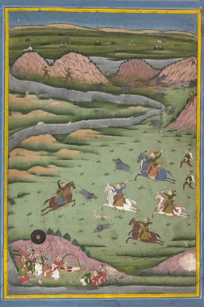 Maharana Amar Singh II tai Sangram Singh metsästävä villisikaa, 1800-luku. tekijältä Unbekannt