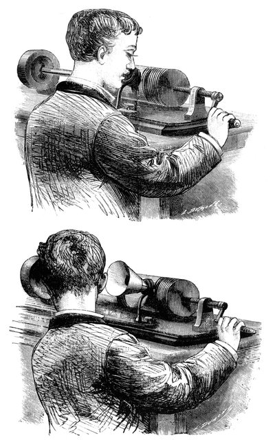 Nauhoituksen tekeminen ja kuuntelu ensimmäisellä Edison Phonographilla, 1878 tekijältä Unbekannt