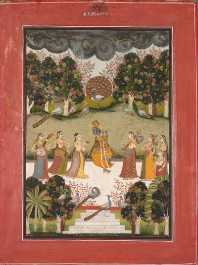 Malar Ragini: Krishna soittaa huilua seitsemälle soittimia pitelevälle gopille..., c. 1760. tekijältä Unbekannt