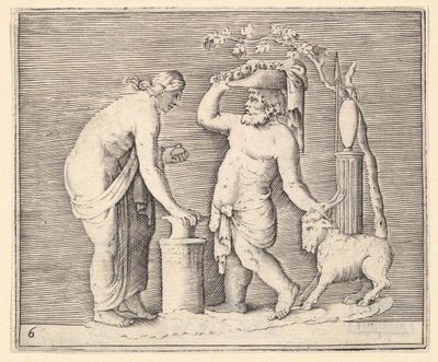 Mies ja nainen uhraamassa vuohet, julkaistu n. 1599-1622. tekijältä Unbekannt