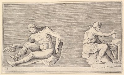 Mies siivellä, Mies maljakolla ja koiralla, julkaistu n. 1599-1622. tekijältä Unbekannt