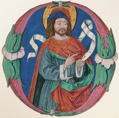 Käsikirjoituksen valaistus pyhän hahmolla alkukirjaimessa O, n. 1480. tekijältä Unbekannt