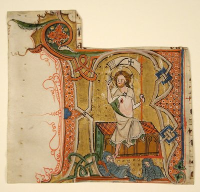 Käsikirjoituslehti, jossa on valaistu R-kirjain ja The Resurrection, 1200-luvun loppu. tekijältä Unbekannt