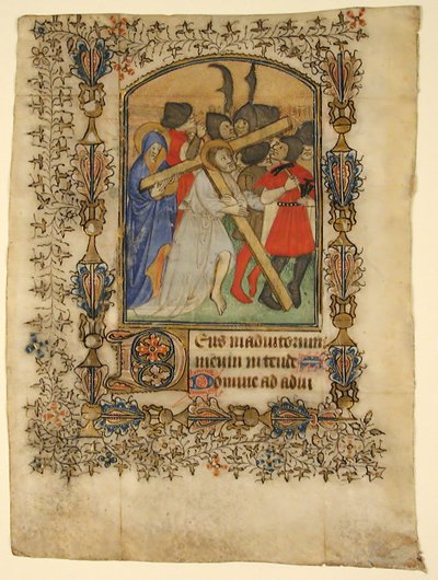 Käsikirjoitus lehti tuntikirjasta... Valaistu alkukirjain D ja Kristus kantaa ristiä, 1390-140 tekijältä Unbekannt