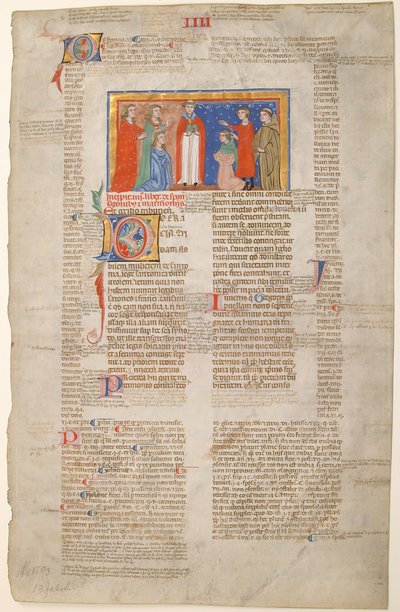 Käsikirjoituslehti, jossa on avioliittokohtaus, teoksesta Decretals of Gregory IX, italia, n. 1300. tekijältä Unbekannt