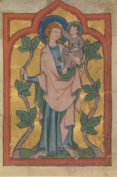 Fulla manuscrita amb Sant Cristòfol portant Crist, alemany o suís, principis del segle XIV. finlandès tekijältä Unbekannt