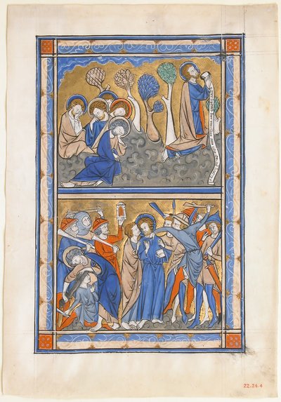 Käsikirjoituslehti puutarhan tuskalla ja Kristuksen pettäminen, kuninkaallisesta psalterista, n. 1270. tekijältä Unbekannt
