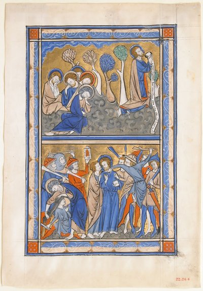 Käsikirjoituslehti puutarhan tuskalla ja Kristuksen pettäminen, kuninkaallisesta psalterista, n. 1270. tekijältä Unbekannt