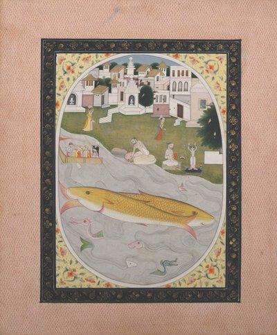 Käsikirjoitusmaalaus hindutantrisella kohtauksella, joka kuvaa kahta kalaa, 1800-1820. tekijältä Unbekannt