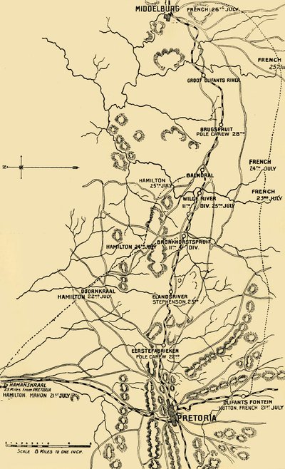 Kartta, joka havainnollistaa siirtymistä itään Eerstefabriekenista Middelburgiin, 1901. tekijältä Unbekannt