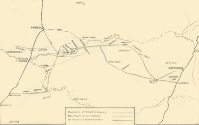 Kartta, joka havainnollistaa liikkeitä Kimberleyn helpottamiseksi ja Bloemfonteinin valloittamiseksi, 1901. tekijältä Unbekannt
