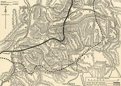 "Kartta, joka havainnollistaa Itävallan hyökkäystä Trentinossa toukokuussa 1916", n. 1920. tekijältä Unbekannt