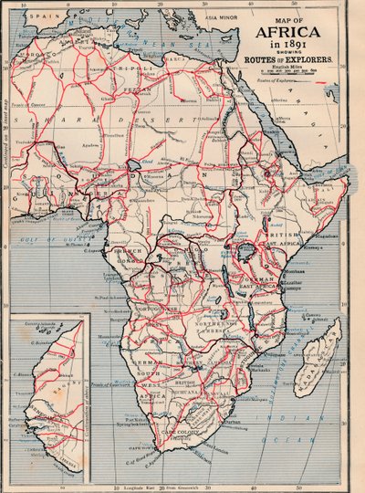 Afrikan kartta vuonna 1891, joka näyttää tutkimusmatkailijoiden reitit tekijältä Unbekannt