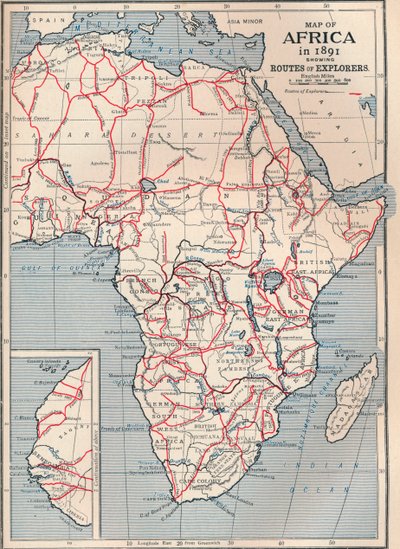 Afrikan kartta vuonna 1891, joka näyttää tutkimusmatkailijoiden reitit, 1906 tekijältä Unbekannt