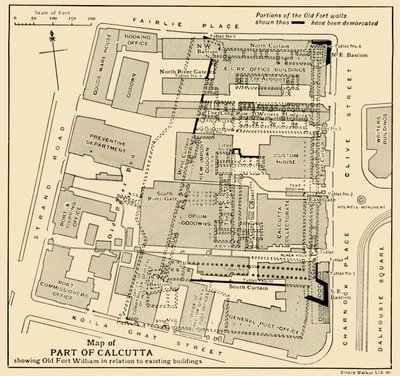 Kalkutan osan kartta, jossa näkyy vanha Fort William suhteessa olemassa oleviin rakennuksiin, 1925. tekijältä Unbekannt