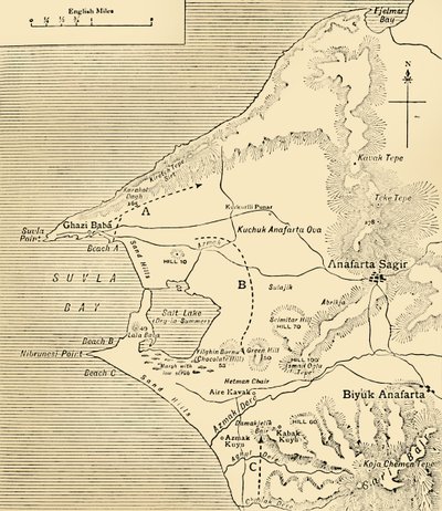 Suvlan lahden kartta, Gallipolin niemimaa, ensimmäinen maailmansota, 1915, c1920. tekijältä Unbekannt