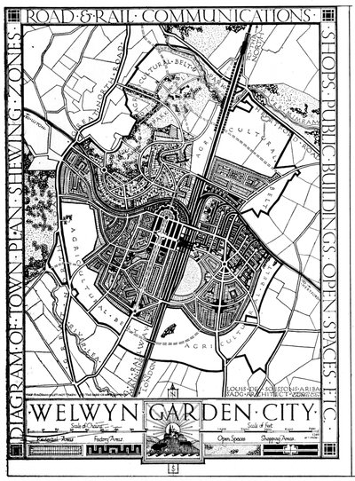Kartta Welwyn Garden Citystä, Hertfordshire, Englanti, 1926 tekijältä Unbekannt