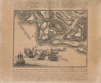 Kartta Anapan merilinnoituksen valtauksesta, jonka venäläiset joukot valtasivat Mustallamerellä kesäkuussa 1791, 1791. tekijältä Unbekannt