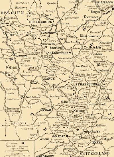 Kartta, jossa näkyy Ranskan ja Saksan välinen raja, ensimmäinen maailmansota, c1915, c1920. tekijältä Unbekannt