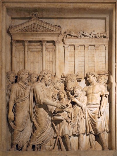Marcus Aurelius ja keisarillisen perheen jäsenet tarjoavat uhrauksia kiitokseksi menestyksestä germaanisia heimoja vastaan, n. 176-182 tekijältä Unbekannt