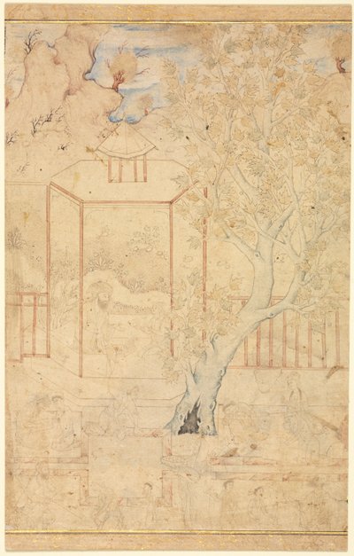Mestari ja opetuslapsi puutarhapaviljongissa, yhden sivun kuvitus, n. 1570-1590 luvulla. tekijältä Unbekannt