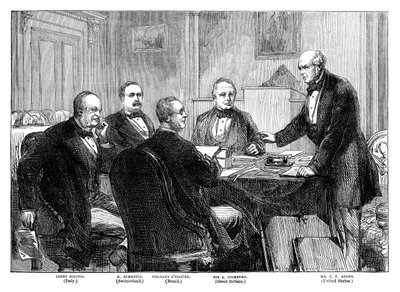 Alabaman vaatimuksia käsittelevien välimiesten kokous Genevessä, 1871, 1800-luvun loppu tekijältä Unbekannt