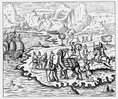 Kauppiaat kuljettavat tavaroita rannikolle ja odottava alus kamelilla, 1575 tekijältä Unbekannt