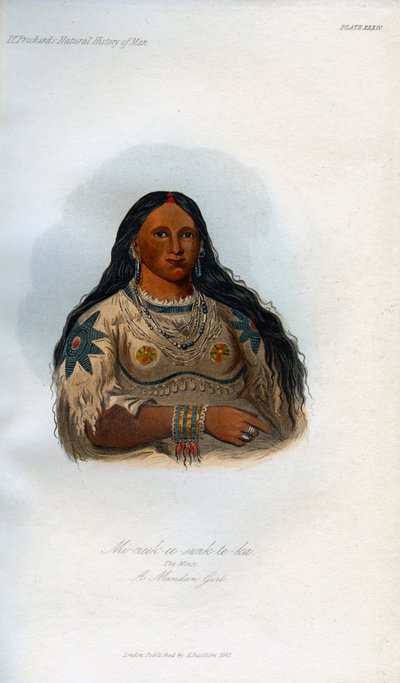 Mi-neek-ee-sank-te-ka, Minkki, Mandan-tyttö, 1848 tekijältä Unbekannt