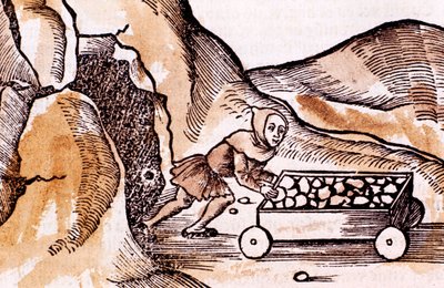 Kaivosmies työntää vaunua kaivoksen sisäänkäynnistä, 1508 tekijältä Unbekannt