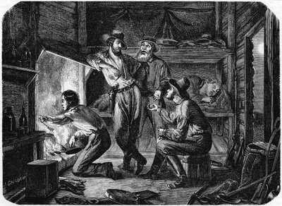Kaivostyöläiset Kalifornian kultakentillä rentoutumassa hirsimökissään yöllä 1853 tekijältä Unbekannt