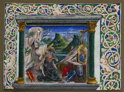 Käsikirjoituksesta leikattu miniatyyri: St. Jerome in the Wilderness, n. 1500. tekijältä Unbekannt