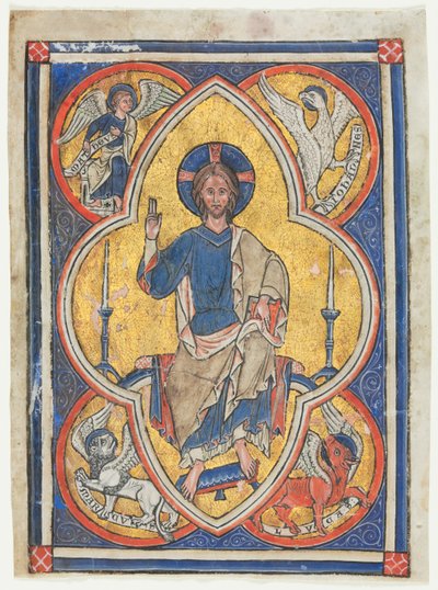 Psalterista leikattu miniatyyri: Kristus Majesteetissa neljän evankelistan symboleilla, n. 1235. tekijältä Unbekannt