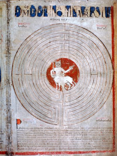 Minotauros labyrintissa, sivu Liber Floriduksesta, 1100-luku tekijältä Unbekannt