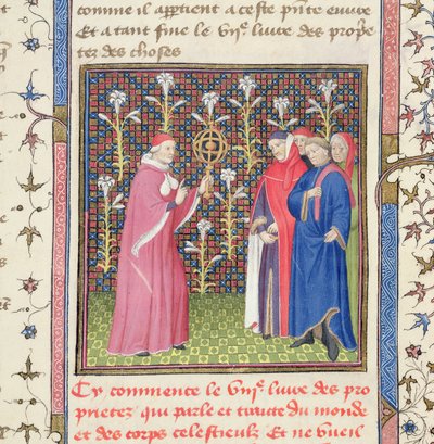 Ms 251 f.135r Viisi miestä, joista toisella kädessään armillaarinen pallo, "Des Proprietez des Choses", n. 1415 (vellum) tekijältä Unbekannt